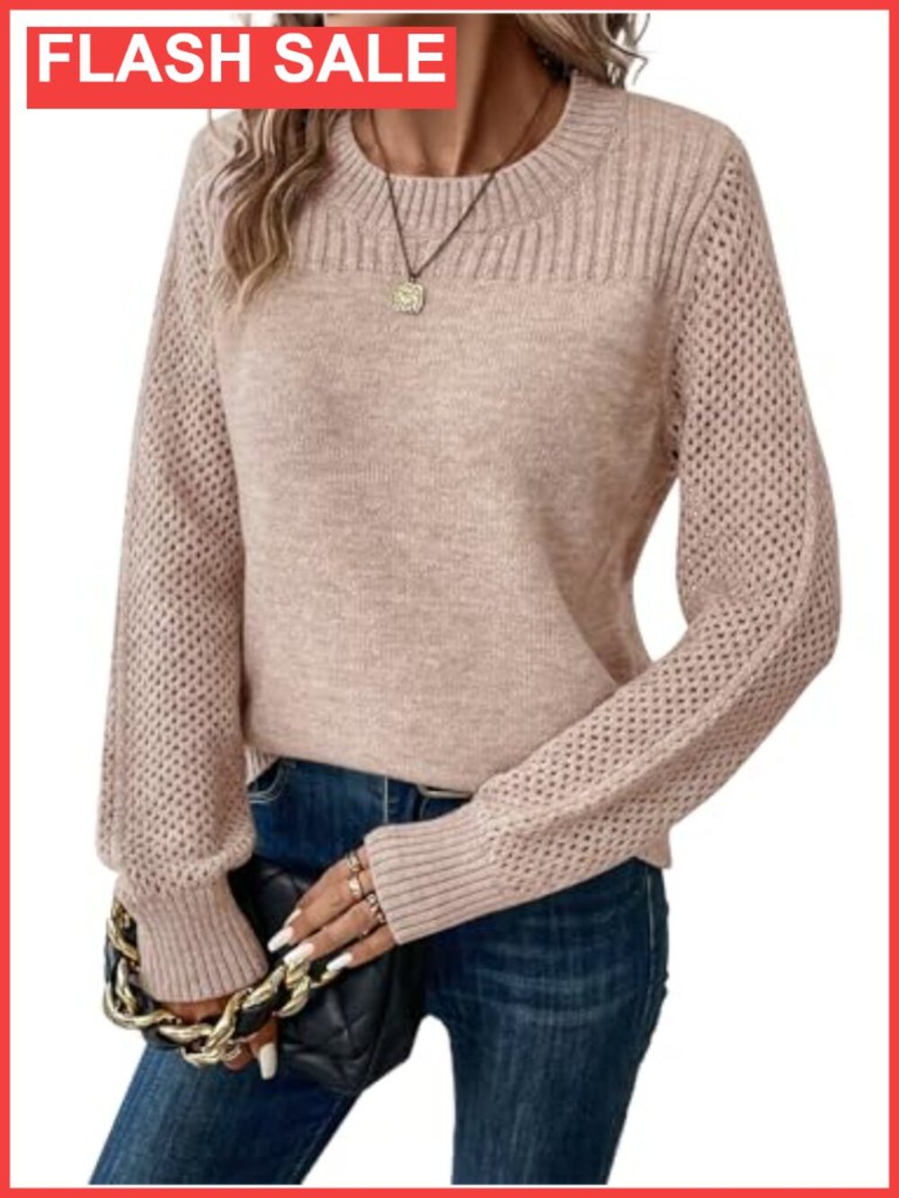 Women's Long Sleeve Knit Pullover Sweater Crew Neck Eyelet Casual